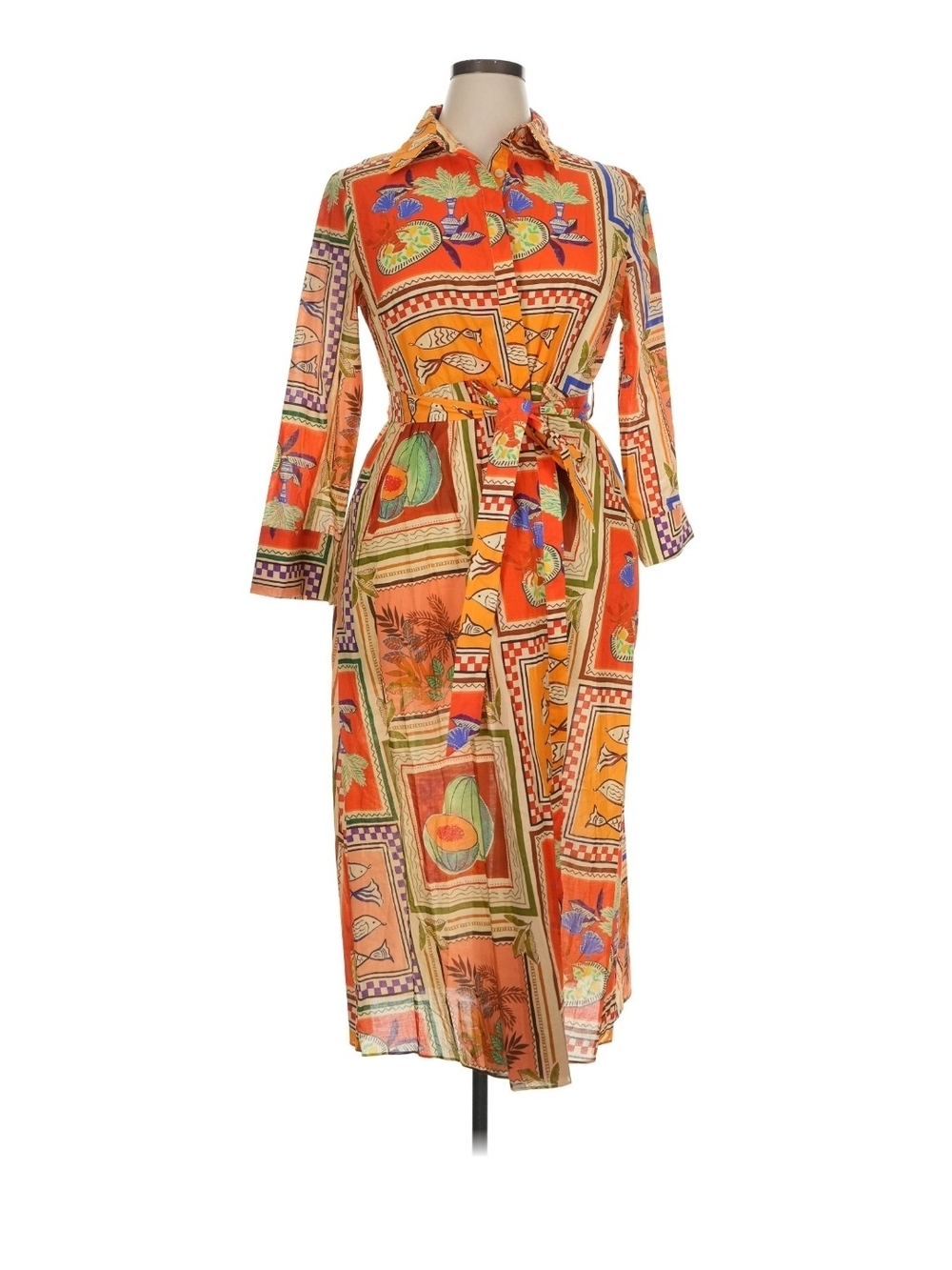 Zara Orange Multi-Print Midi Shirt Dress with Tie Belt